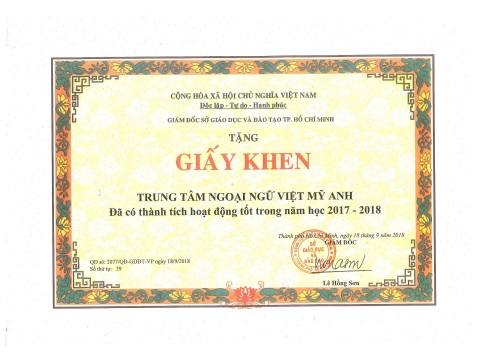 Giấy Khen Trung Tâm Ngoại Ngữ Việt Mỹ Anh
