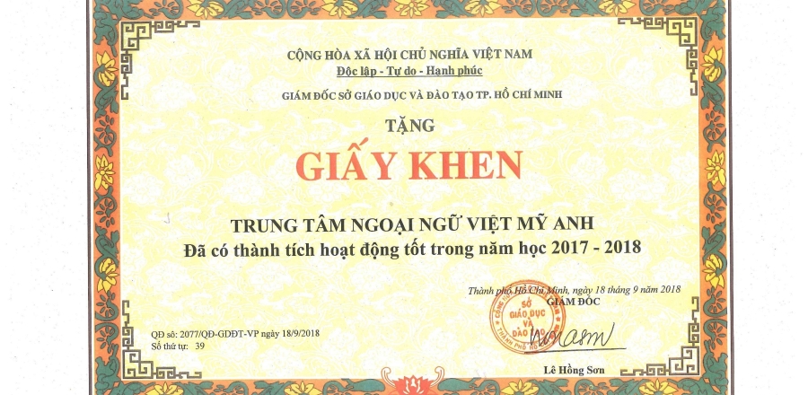 Giấy Khen Trung Tâm Ngoại Ngữ Việt Mỹ Anh